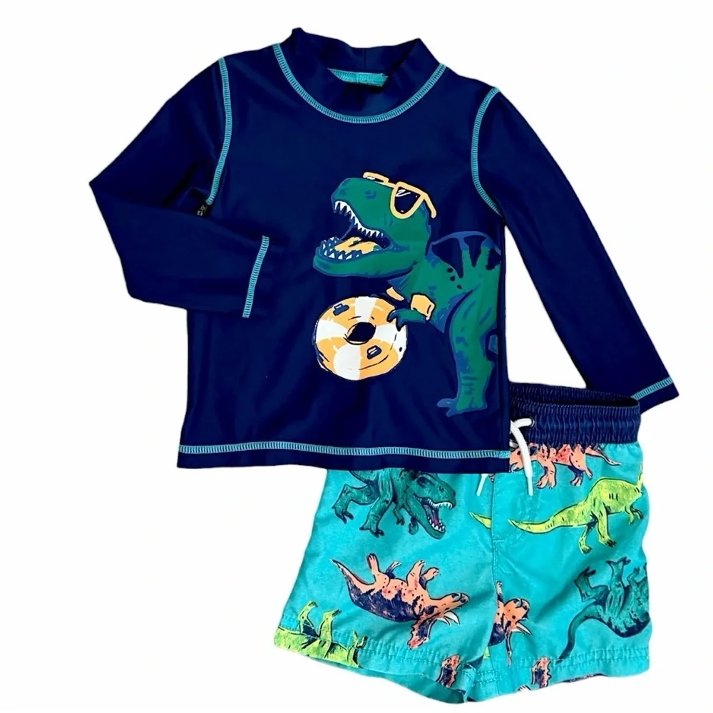 Carter’s Toddler Boy Dinosaur Rash Guard Top & Swim Trunks Shorts Set 18 months